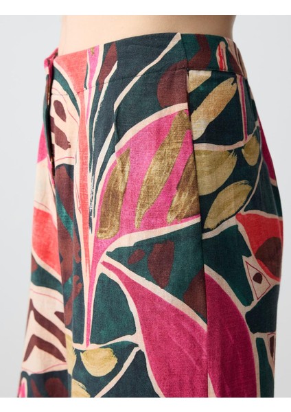 Karışık Rahat Kesim Yüksek Bel Bol Paça Çiçek Desenli Keten Pantolon indirimleri