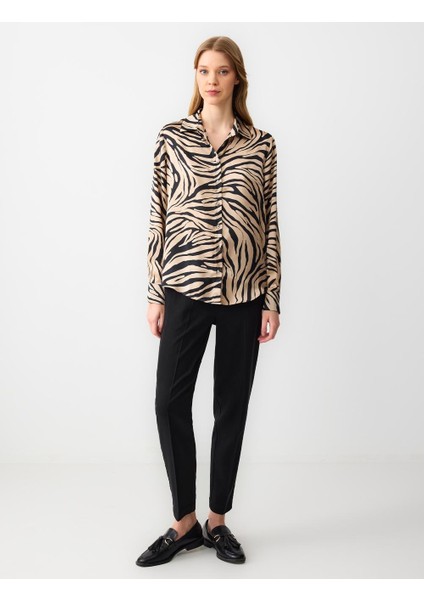 Bej Çizgi Desenli Uzun Kollu Saten Dokuma Gömlek fiyatları