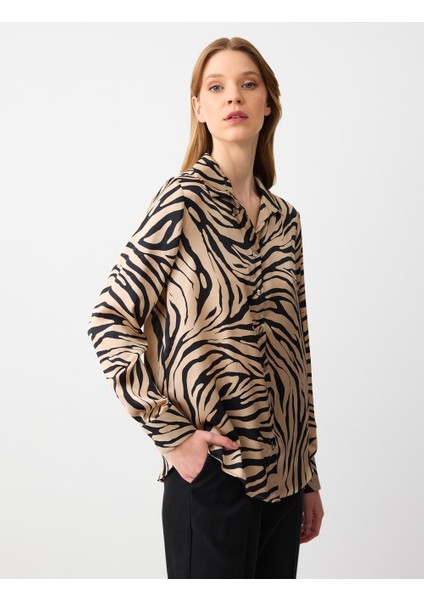 Bej Çizgi Desenli Uzun Kollu Saten Dokuma Gömlek modelleri