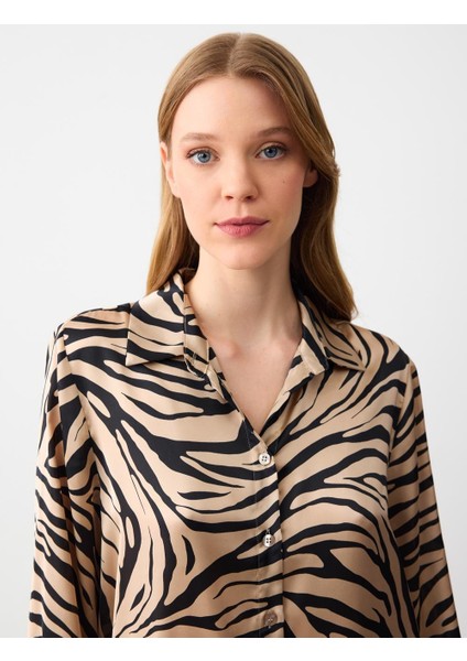 Bej Çizgi Desenli Uzun Kollu Saten Dokuma Gömlek indirimleri