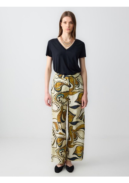 Taş Rahat Kesim Yüksek Bel Bol Paça Desenli Keten Pantolon