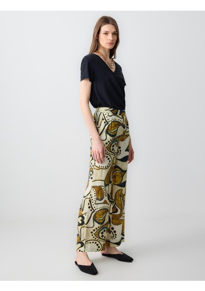 Taş Rahat Kesim Yüksek Bel Bol Paça Desenli Keten Pantolon fiyatları