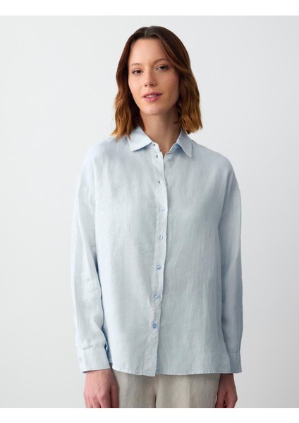 Açık Mavi Düz Kesim Uzun Kollu Dokuma Keten Gömlek