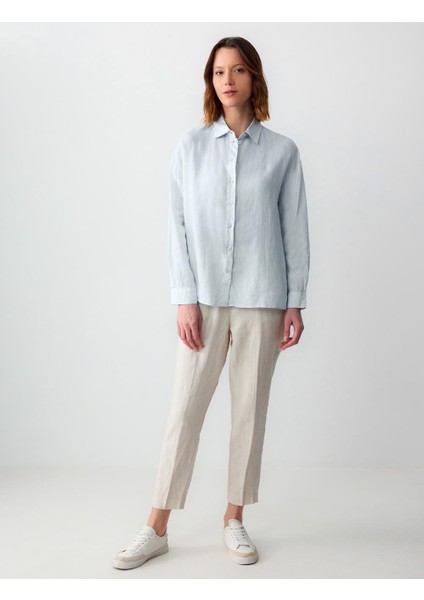 Açık Mavi Düz Kesim Uzun Kollu Dokuma Keten Gömlek fiyatları