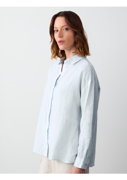 Açık Mavi Düz Kesim Uzun Kollu Dokuma Keten Gömlek modelleri