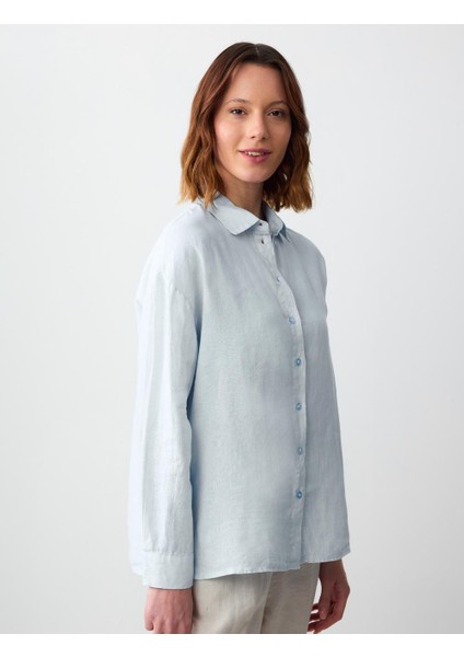 Açık Mavi Düz Kesim Uzun Kollu Dokuma Keten Gömlek fırsatları