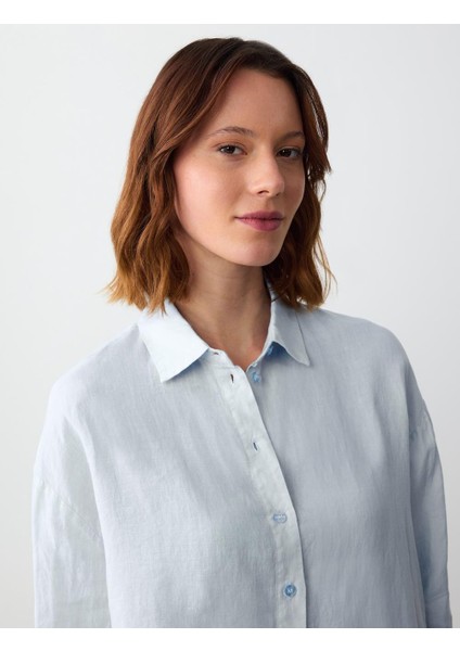 Açık Mavi Düz Kesim Uzun Kollu Dokuma Keten Gömlek indirimleri