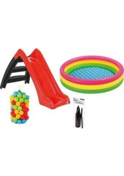 Havuzlu Kaydıraklı Oyun Seti (Havuz 114cm / 6 Cm 200 ' Lü Oyun Havuz Topu/Pompa / Kaydırak)Fullset