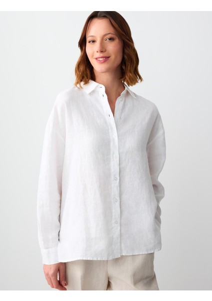 Beyaz Düz Kesim Uzun Kollu Dokuma Keten Gömlek
