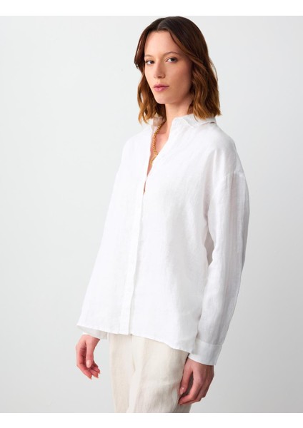 Beyaz Düz Kesim Uzun Kollu Dokuma Keten Gömlek modelleri