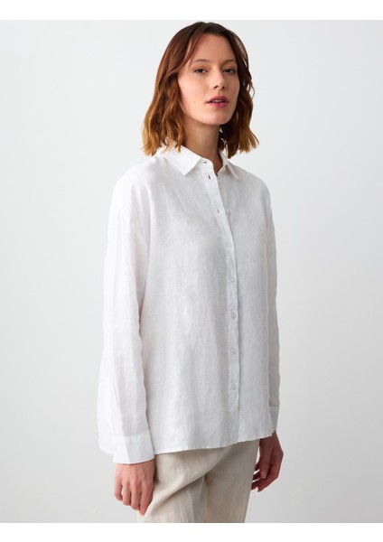 Beyaz Düz Kesim Uzun Kollu Dokuma Keten Gömlek fırsatları