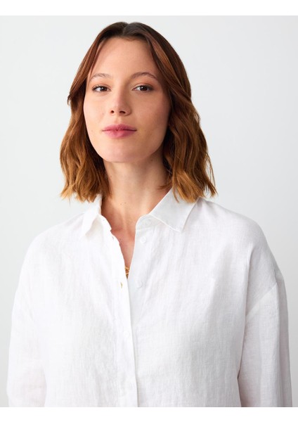 Beyaz Düz Kesim Uzun Kollu Dokuma Keten Gömlek indirimleri