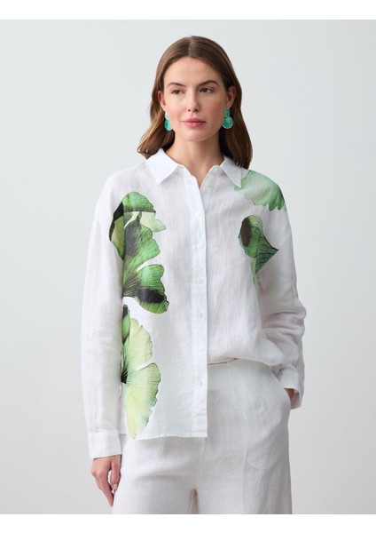Beyaz Floral Desenli Uzun Kollu Keten Gömlek