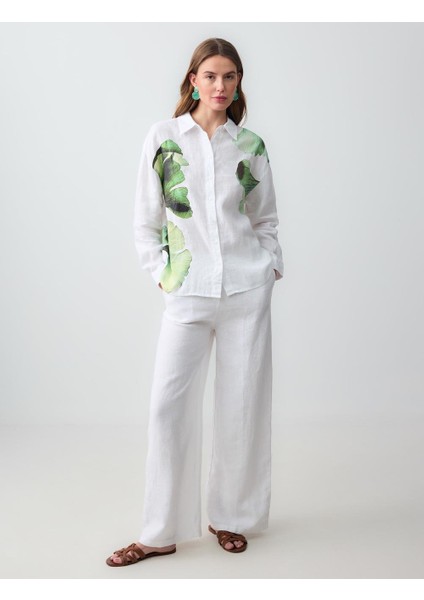 Beyaz Floral Desenli Uzun Kollu Keten Gömlek fiyatları