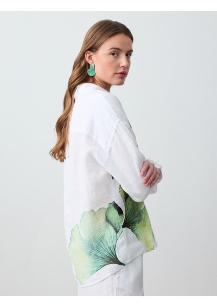 Beyaz Floral Desenli Uzun Kollu Keten Gömlek indirimleri