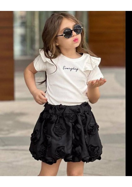 Everyday Baskılı Fırfır Kol Deyaylı Fitilli Basic Gül Işlemeli Siyah Balon Etek Kız Çocuk Alt Üst Takım
