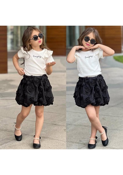 Everyday Baskılı Fırfır Kol Deyaylı Fitilli Basic Gül Işlemeli Siyah Balon Etek Kız Çocuk Alt Üst Takım modelleri