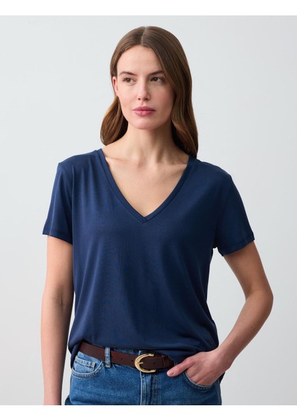 Lacivert V Yaka Kısa Kollu Örme Modal Tişört