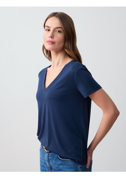 Lacivert V Yaka Kısa Kollu Örme Modal Tişört modelleri
