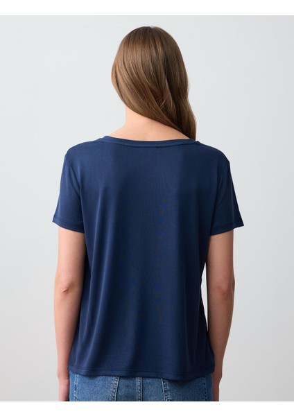 Lacivert V Yaka Kısa Kollu Örme Modal Tişört indirimleri