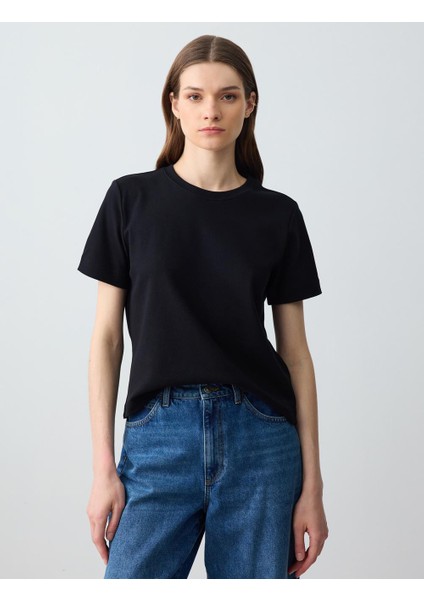 Siyah Bisiklet Yaka Kısa Kollu Pamuklu Örme Tişört