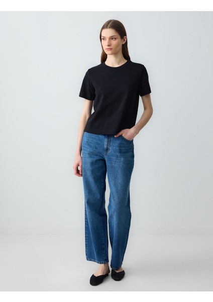 Siyah Bisiklet Yaka Kısa Kollu Pamuklu Örme Tişört fiyatları