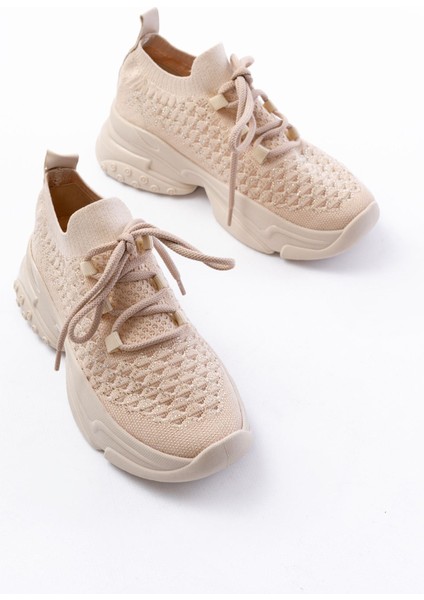 SP-2024 Bej Günlük Bağcıklı Fileli Taş Aksesuarlı Kadın Spor Ayakkabı modelleri