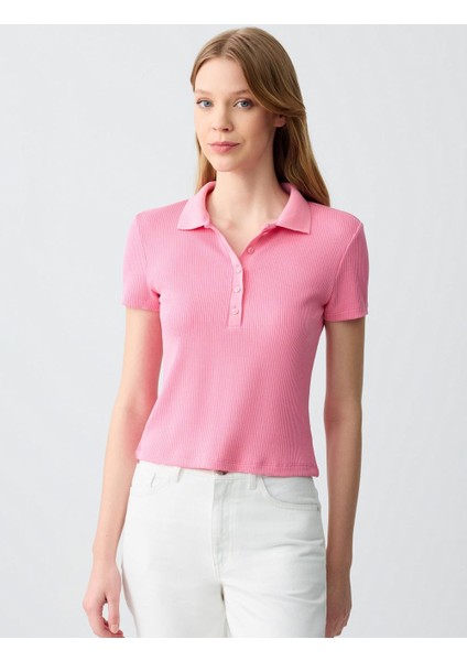 Pembe Dar Kesim Kısa Kollu Polo Yaka Örme Tişört