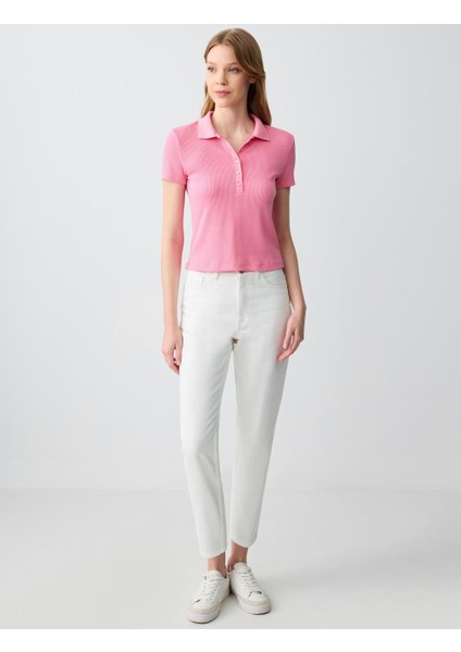 Pembe Dar Kesim Kısa Kollu Polo Yaka Örme Tişört fiyatları