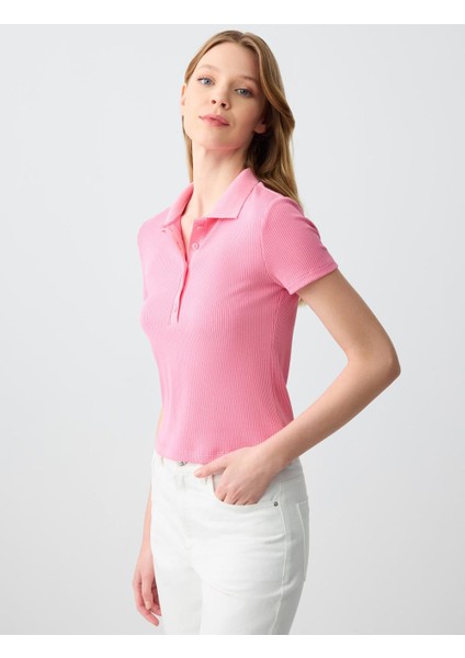 Pembe Dar Kesim Kısa Kollu Polo Yaka Örme Tişört modelleri