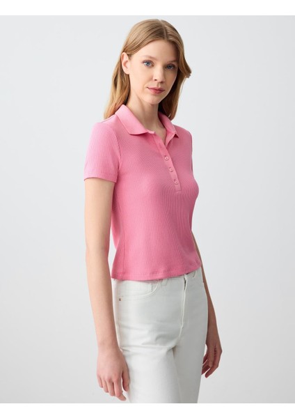 Pembe Dar Kesim Kısa Kollu Polo Yaka Örme Tişört fırsatları