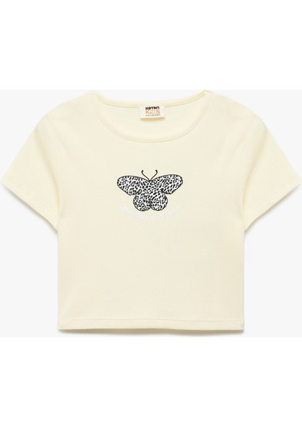 Kelebek Baskılı Kısa Kollu Bisiklet Yaka Pamuklu Tişört
