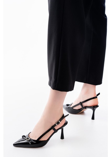 İNF-2300 Pembe Rugan Günlük Arkası Açık Fiyonklu Topuklu Bayan Ayakkabı