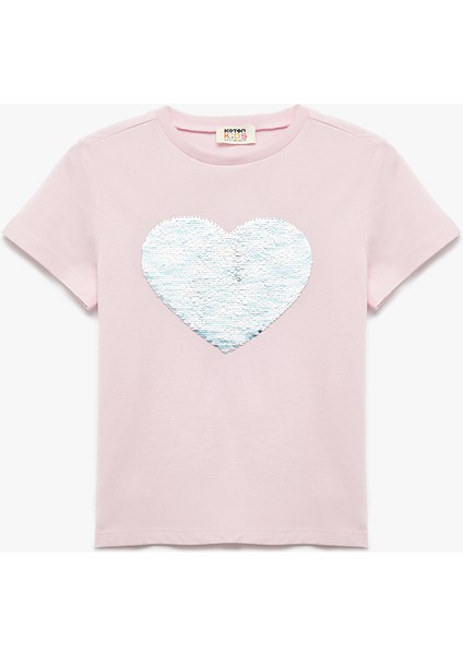 Pamuklu Kalp Desenli Pullu Payetli Kısa Kollu Bisiklet Yaka Tişört