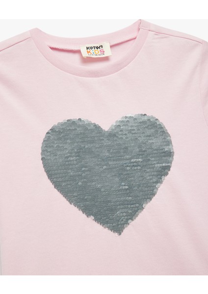 Pamuklu Kalp Desenli Pullu Payetli Kısa Kollu Bisiklet Yaka Tişört modelleri