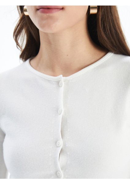 Kosova - Düğme Detaylı ve Bisiklet Yaka Düz Dar Kalıp Triko Hırka - Beyaz Renk modelleri