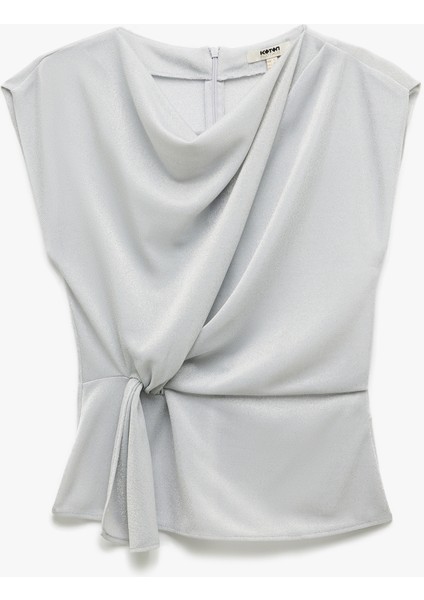 Dik Yaka Yarasa Kol Bağlama Detaylı Asimetrik Simli Abiye Bluz