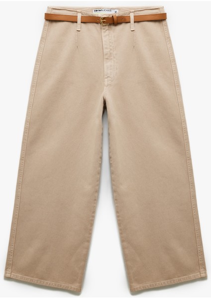 Düğmeli Kesik Geniş Paça Kemerli Pantolon - Wide Leg Jeans
