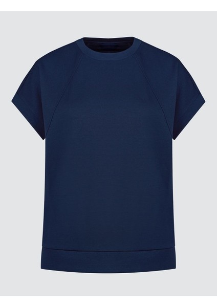 Lacivert Düz Kesim Kısa Kollu Bisiklet Yaka Örme Sweatshirt