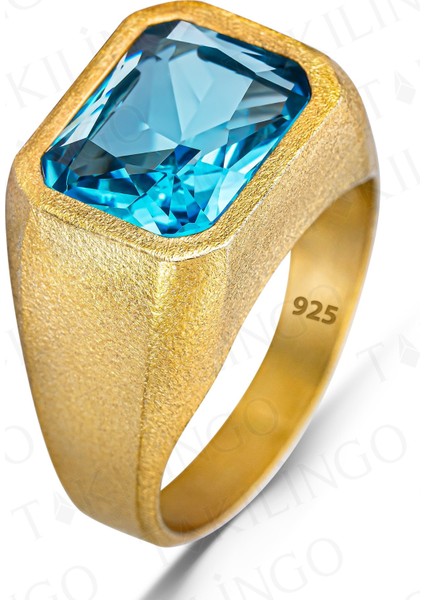 925 Ayar Gümüş Altın Kaplama Akuamarin Taşlı Sade Erkek Yüzük
