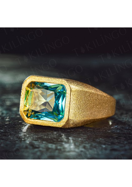 925 Ayar Gümüş Altın Kaplama Akuamarin Taşlı Sade Erkek Yüzük fiyatları