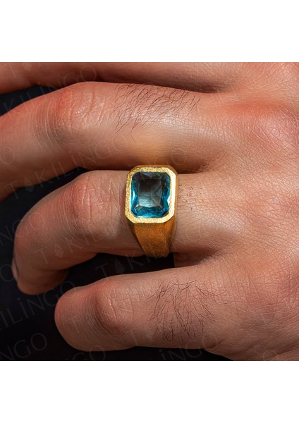 925 Ayar Gümüş Altın Kaplama Akuamarin Taşlı Sade Erkek Yüzük modelleri