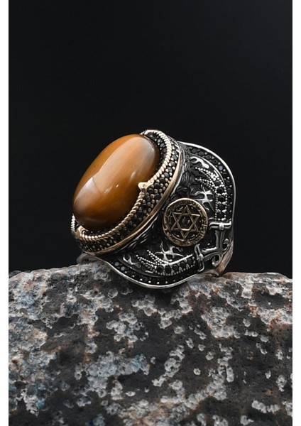 Hz. Süleyman Mührü Kaplangözü Taşlı 925 Ayar Gümüş Erkek Yüzüğü 901757