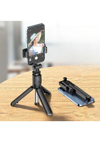 ® Masaüstü Tripod Olabilen Telefon Tutuculu Kablosuz Kumandalı Selfie Çubuğu