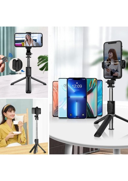 ® Masaüstü Tripod Olabilen Telefon Tutuculu Kablosuz Kumandalı Selfie Çubuğu