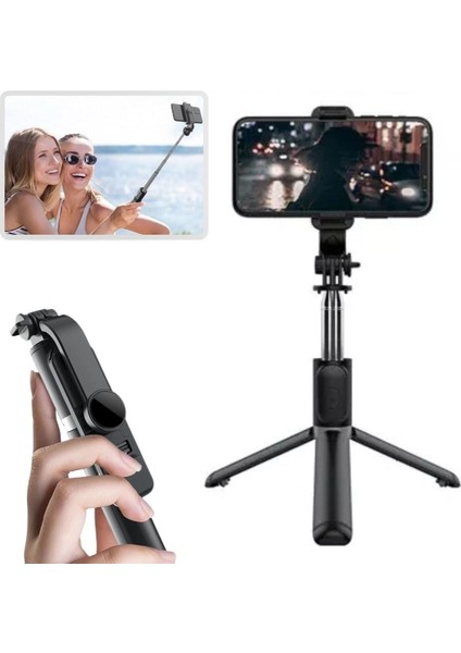 ® Masaüstü Tripod Olabilen Telefon Tutuculu Kablosuz Kumandalı Selfie Çubuğu