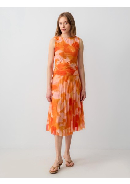 Turuncu Normal Bel Piliseli Çiçek Desenli Mesh Örme Midi Etek