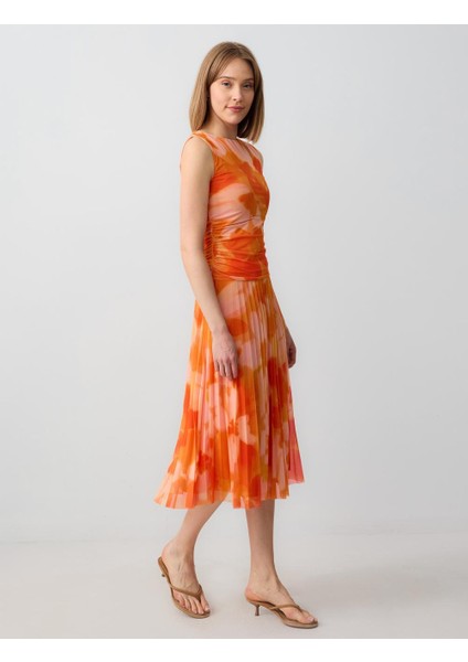 Turuncu Normal Bel Piliseli Çiçek Desenli Mesh Örme Midi Etek fiyatları