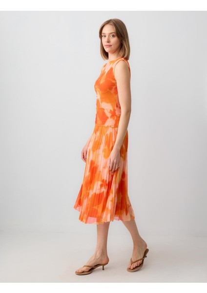 Turuncu Normal Bel Piliseli Çiçek Desenli Mesh Örme Midi Etek modelleri