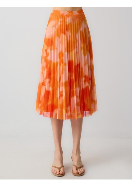 Turuncu Normal Bel Piliseli Çiçek Desenli Mesh Örme Midi Etek fırsatları